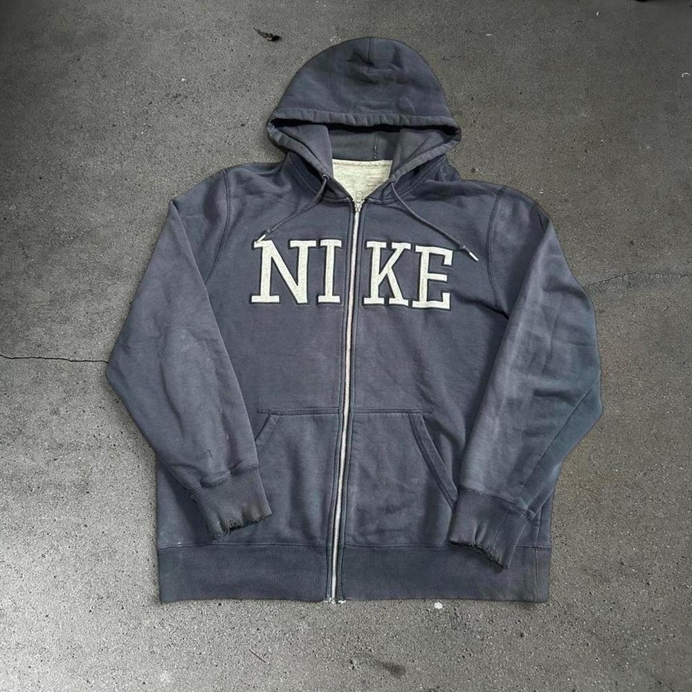 Y2K men's Nike embroidered spell out navy faded & distressed zip up hoodie XL